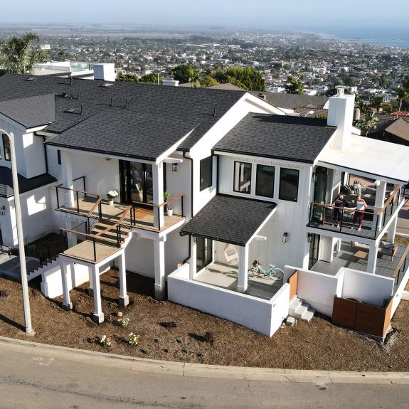 Miller Residence aerial view of the front and right side of the house