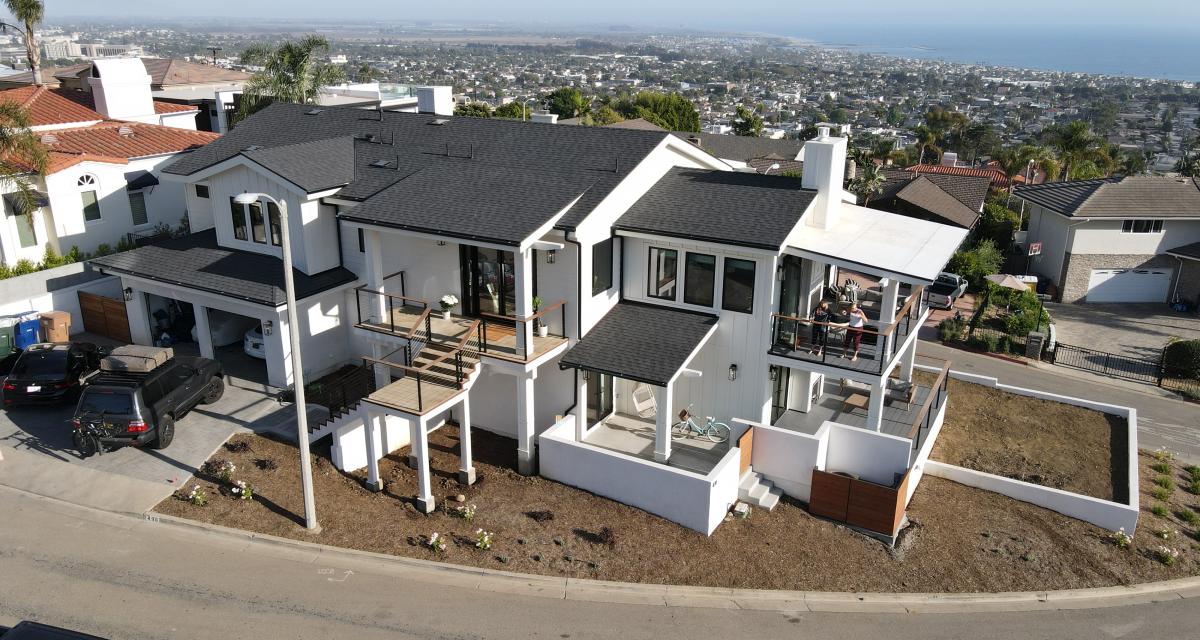 Miller Residence alternate aerial view of the front and right side of the house